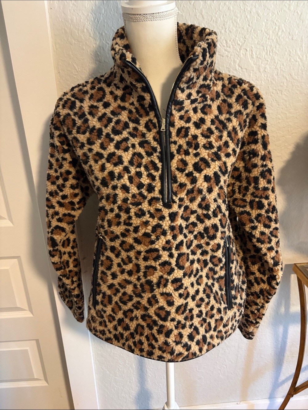 Ann Taylor Leopard Print Sherpa Pullover Jacket with Funnel Neck Coll- Tan/Black